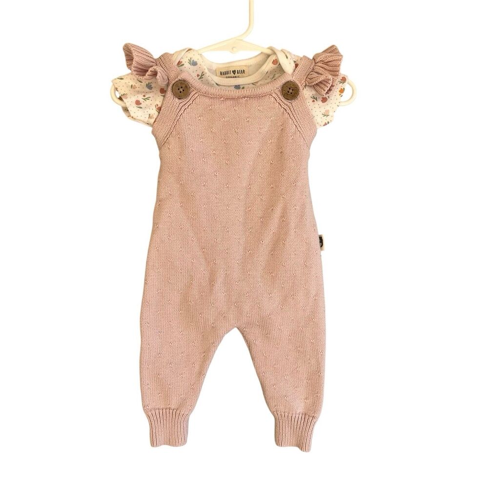 Rabbit Bear Organic Cotton Baby Girl Knitted Overalls Romper Set Size 3-6 Mo